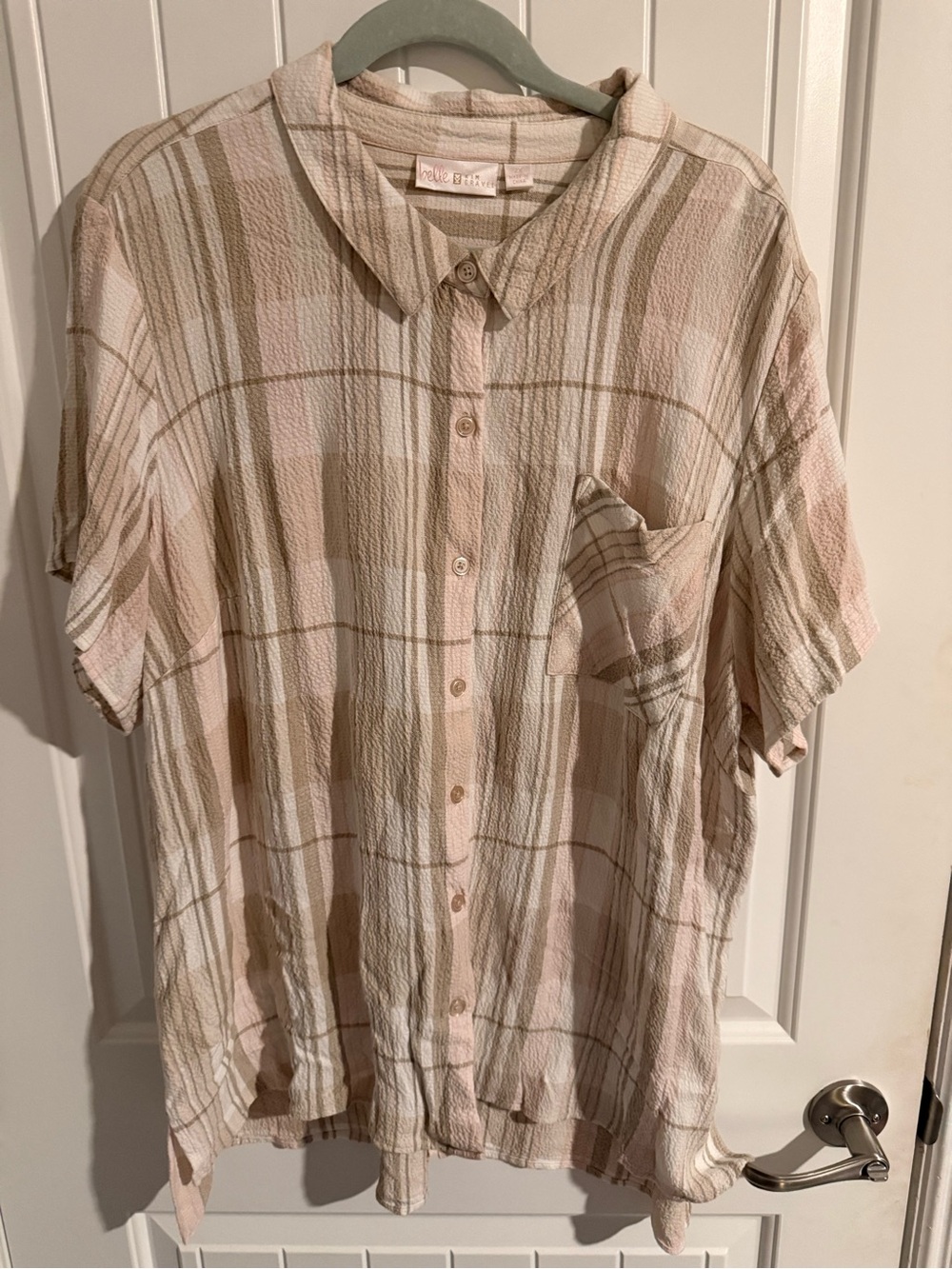 Belle by Kim Gravel Neutral Plaid Button-Front Shirt — 2X